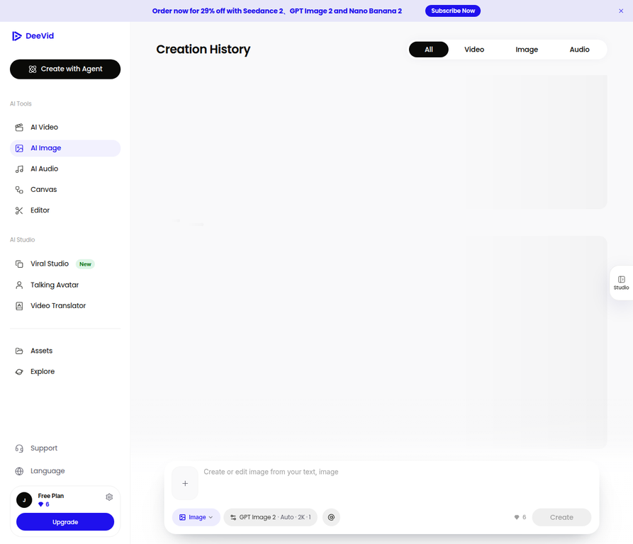 DeeVid 已登入帳戶的 AI Video 工作台與影片建立入口